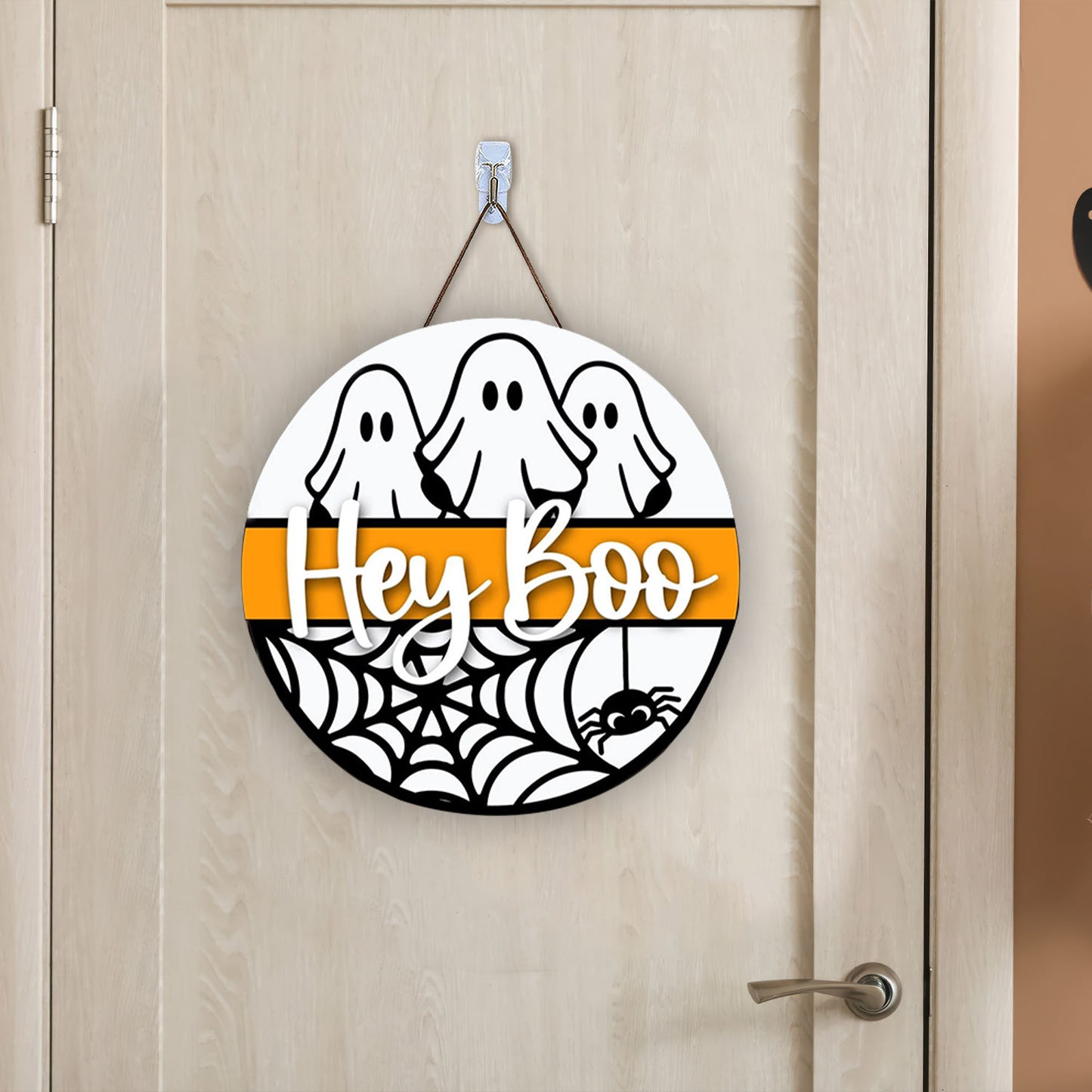 Hey boo, fall, autumn, Halloween decor, round wood sign, glowforge, cricut, Silhouette laser cut file door hange - WoodSign - Gift for Family - WS009