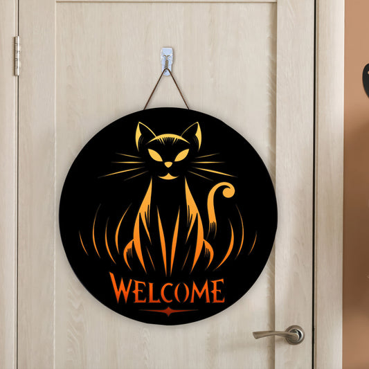 Black Cat Door Hanger, Welcome Sign, Laser Cut, Halloween, Black Cat Door Sign, Halloween Decor, Glowforge - WoodSign - Gift for Family - WS022