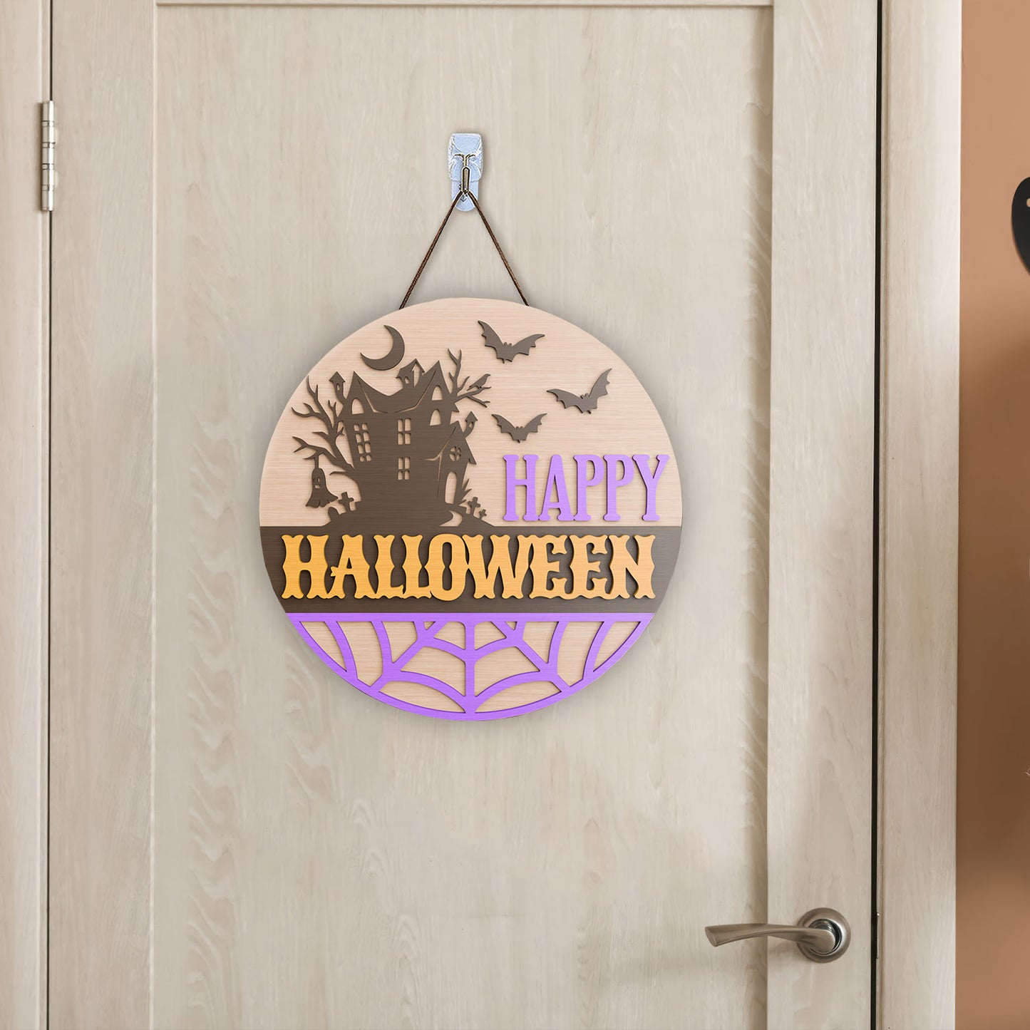 Happy Halloween Door hanger laser cut Ghost door hanger Halloween door sign Front door sign Glowforge - WoodSign - Gift for Family - WS008