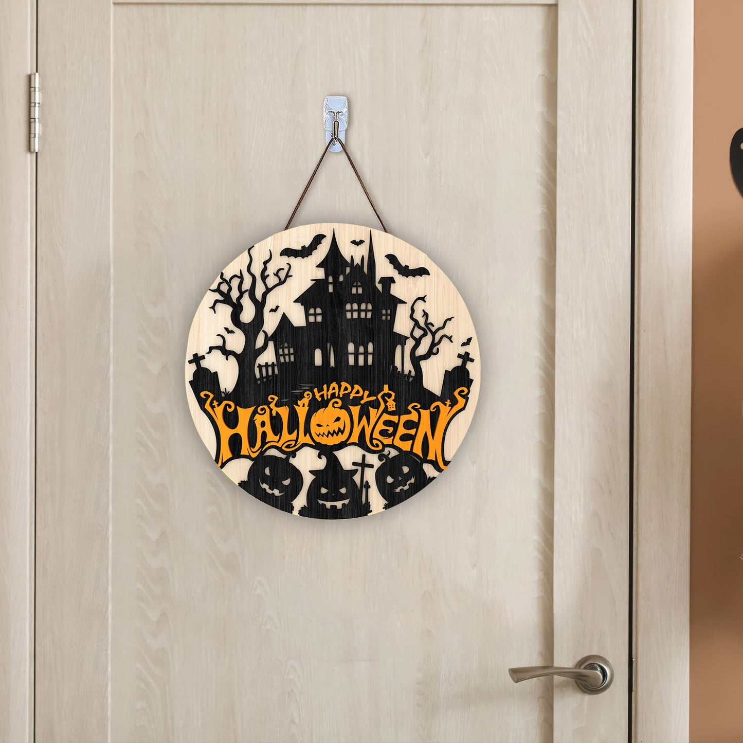 Happy Halloween Round Door Sign, Halloween Door Hanger, Haunted House, Halloween Decor, Laser Cut Glowforge - WoodSign - Gift for Family - WS007