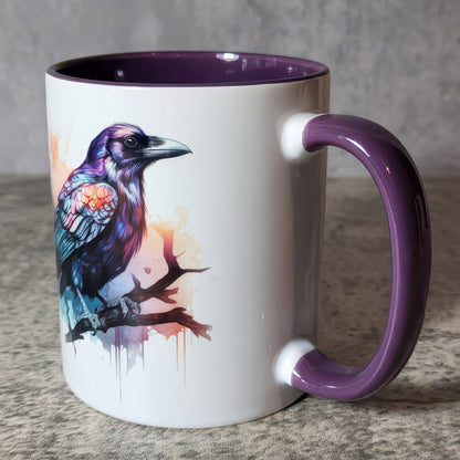 Watercolour Raven Gothic Print Ceramic Mug with Purple Handle - Gift for Family - MG004