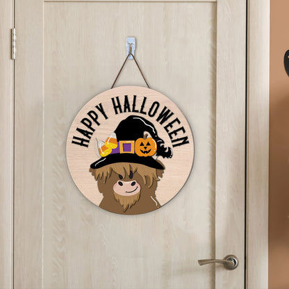 Halloween Door hanger laser cut Highland cow door hanger Halloween door sign Front door sign Glowforge - WoodSign - Gift for Family - WS011