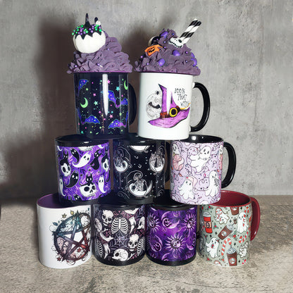 Pentagram & Forest Witch Gothic Print Ceramic Mug with Purple Handle - Gift for Family - MG005