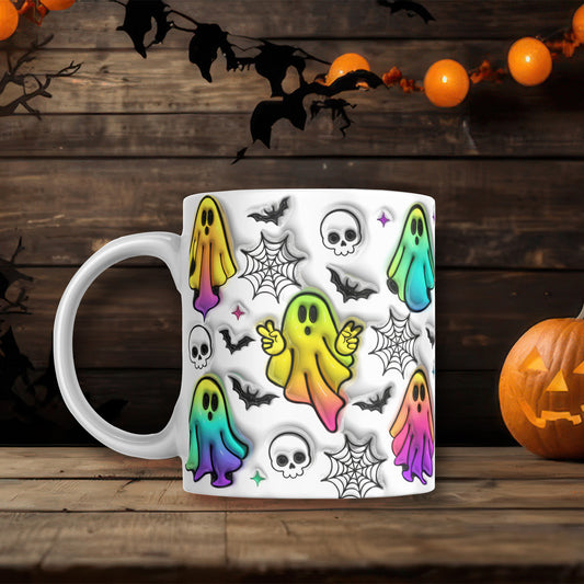 3D Colorful Halloween Ghosts Inflated Mug 11oz & 15oz, Puff Spooky Ghost Mug - Gift for Family - MG006