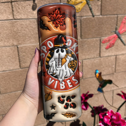 3D Orange Spooky Vibes Inflated Tumbler, Puff Halloween Ghost, 20oz Tumbler - Gift for Family - TL011