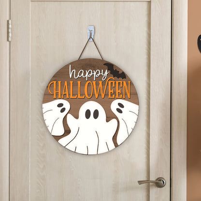 Happy Halloween Sign, Halloween Ghost Door Hanger, Ghost,Laser Cut, Halloween Round Door Sign, Glowforge Cricut - WoodSign - Gift for Family - WS010