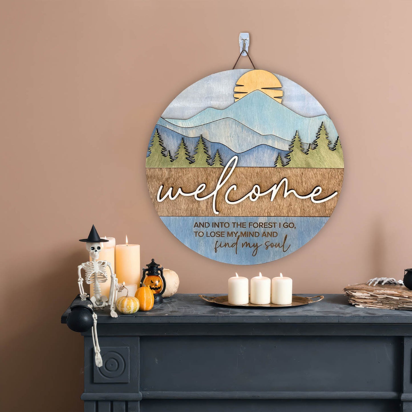 Mountain Welcome Sign Door Hanger Cabin Decor Forest Door Sign Laser , Pine Tree Porch Sign - WoodSign - Gift for Family - WS029