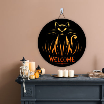 Black Cat Door Hanger, Welcome Sign, Laser Cut, Halloween, Black Cat Door Sign, Halloween Decor, Glowforge - WoodSign - Gift for Family - WS022