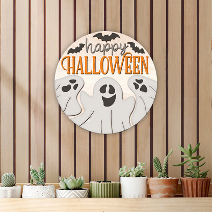 Happy Halloween Sign, Halloween Door Hanger, Ghost, Laser Cut, Halloween Door Sign, Fall Decor, Glowforge Cricut - WoodSign - Gift for Family - WS004