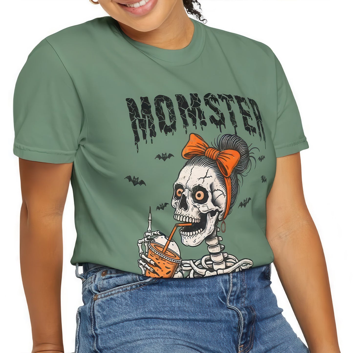 Momster Skeleton Mom Halloween Comfort Color T-Shirt, Funny Mama Halloween Shirt, Mom Spooky Season Coffee Lover Fall Tee, Gift For Mothers - Sweatshirt - Gift for Family - TS047