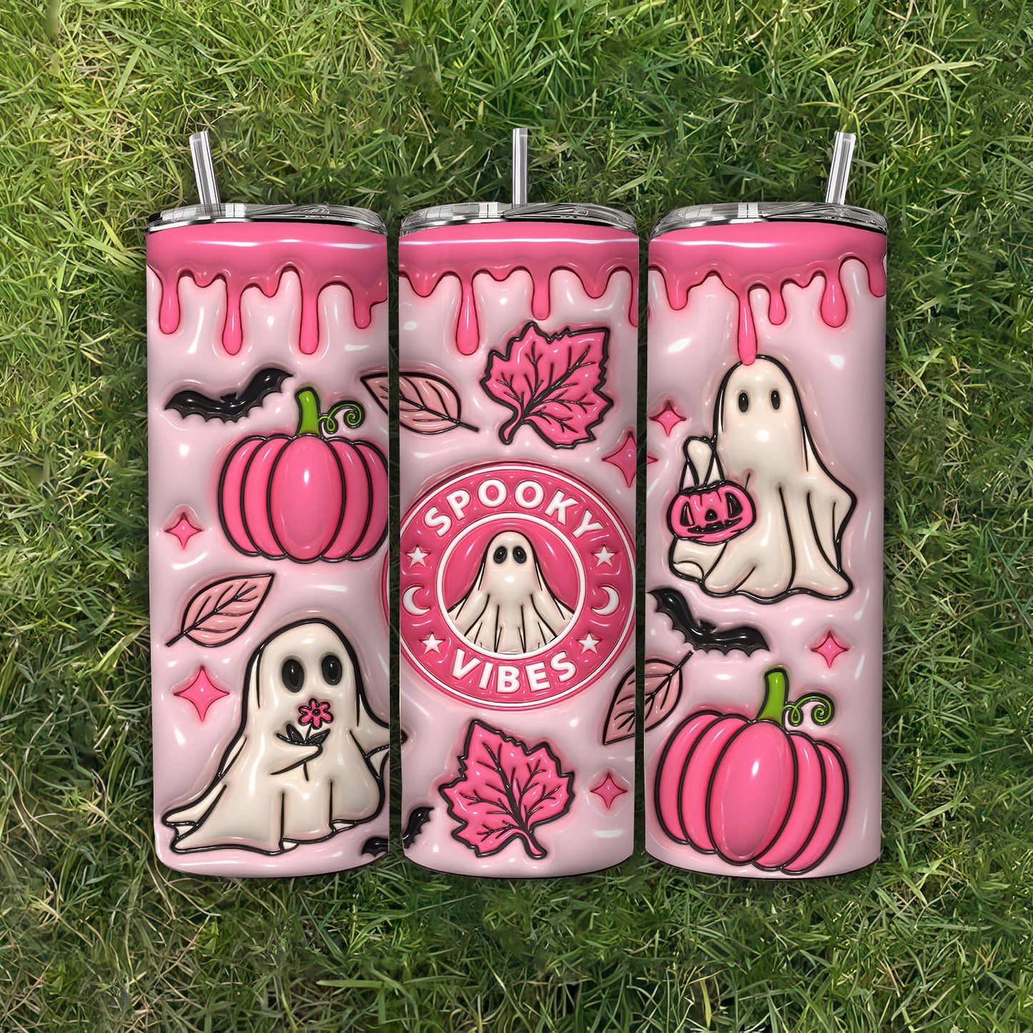 3D Spooky Vibes Inflated Tumbler, 3D Puffy Pumpkin 20oz Tumbler,  Puffy Pink Halloween, 3D Ghost Tumbler - Gift for Family - TL016