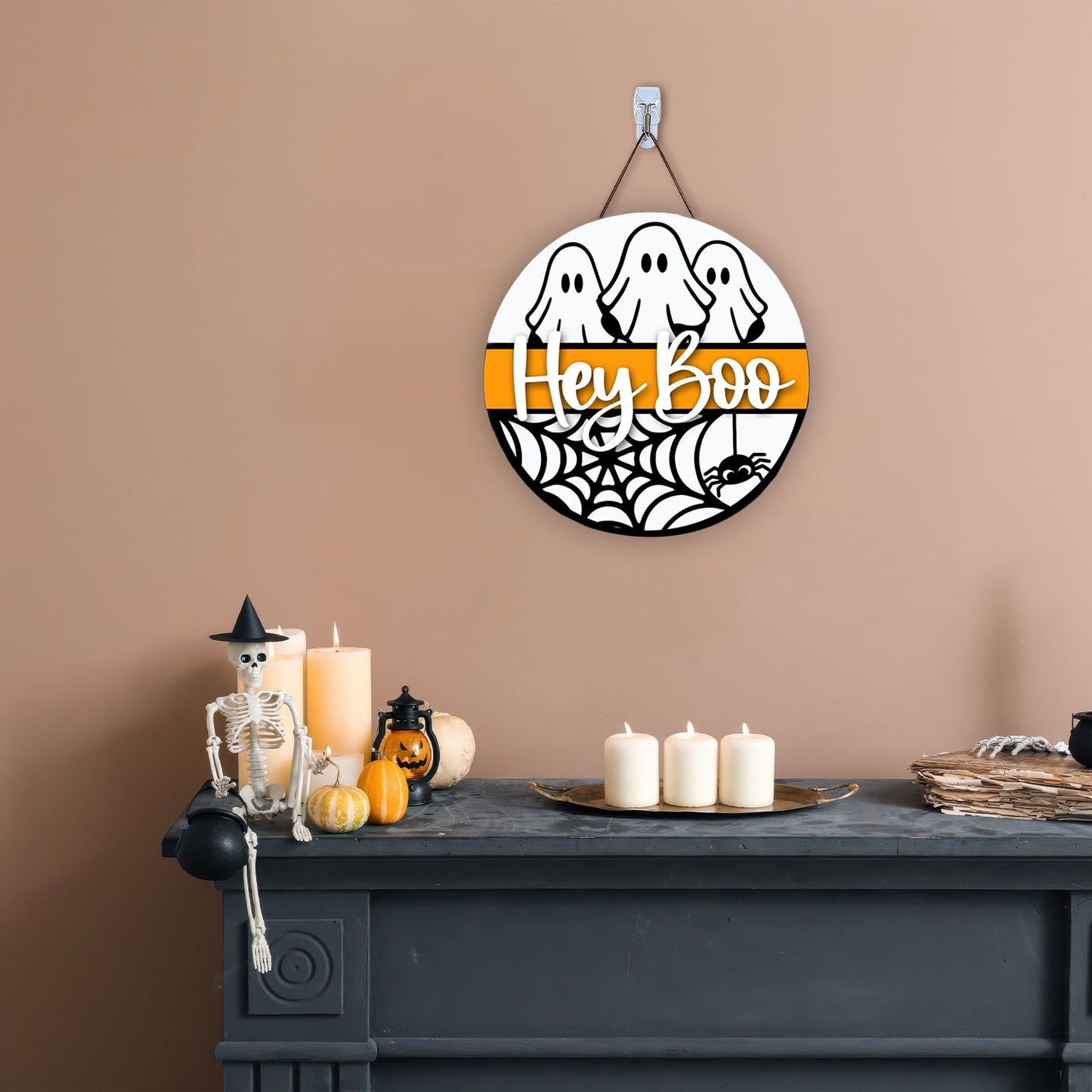 Hey boo, fall, autumn, Halloween decor, round wood sign, glowforge, cricut, Silhouette laser cut file door hange - WoodSign - Gift for Family - WS009