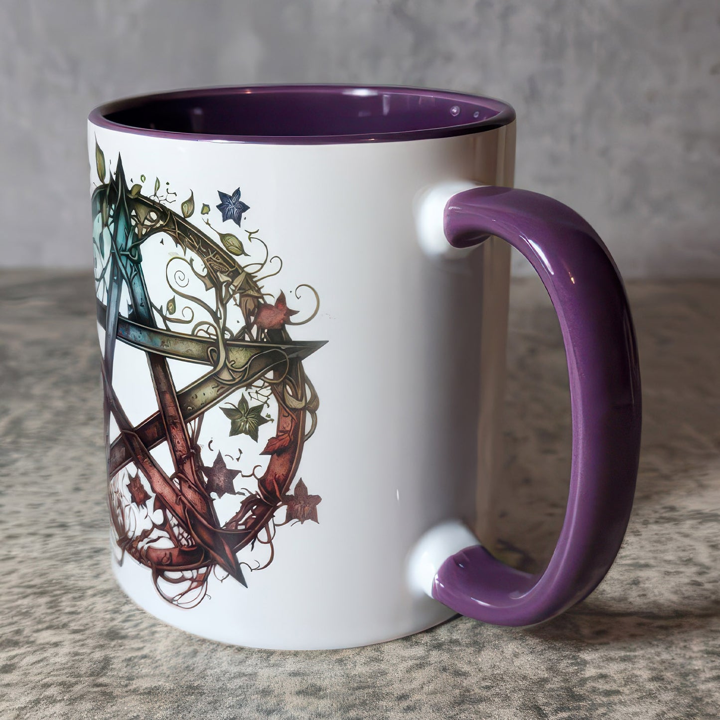 Pentagram & Forest Witch Gothic Print Ceramic Mug with Purple Handle - Gift for Family - MG005