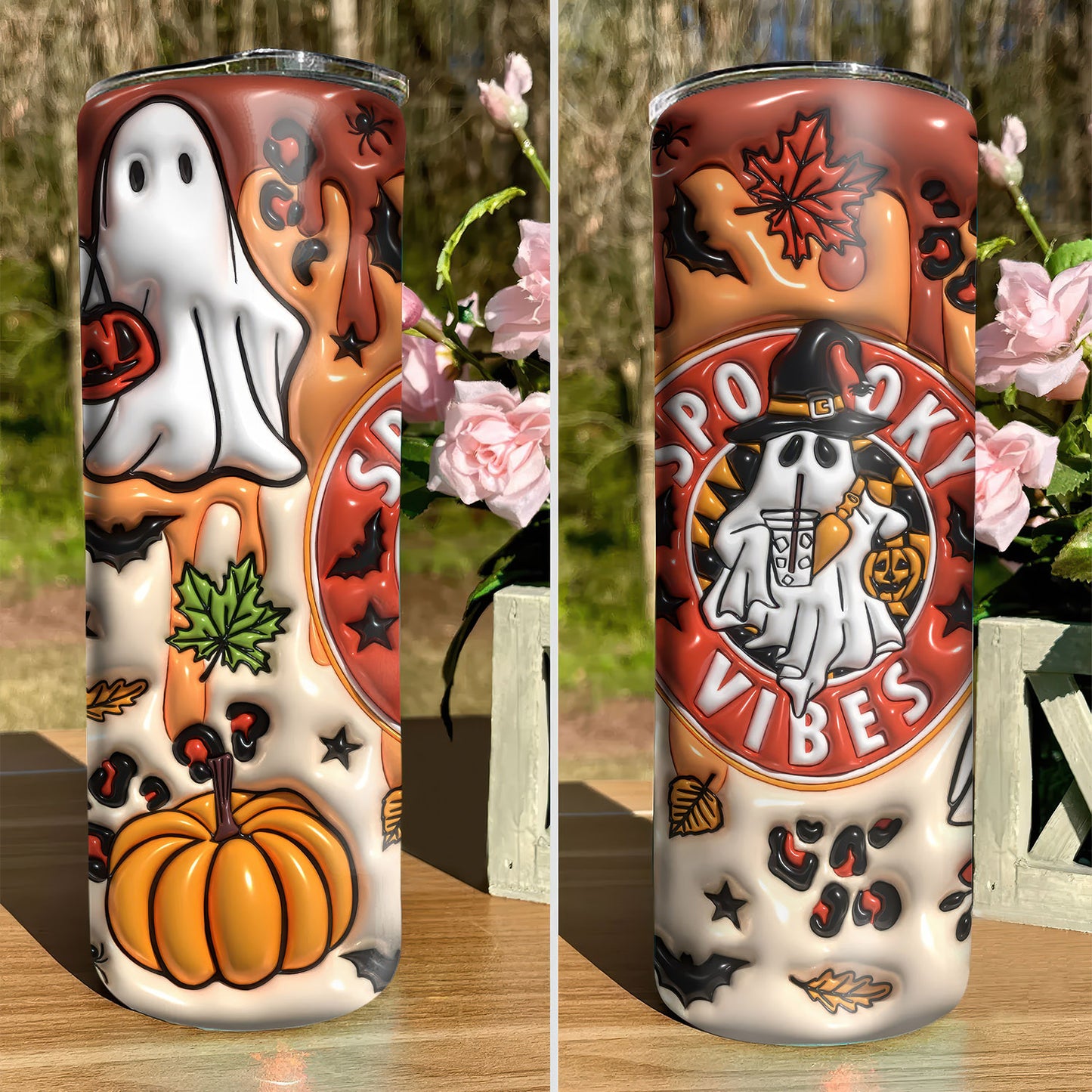 3D Orange Spooky Vibes Inflated Tumbler, Puff Halloween Ghost, 20oz Tumbler - Gift for Family - TL011