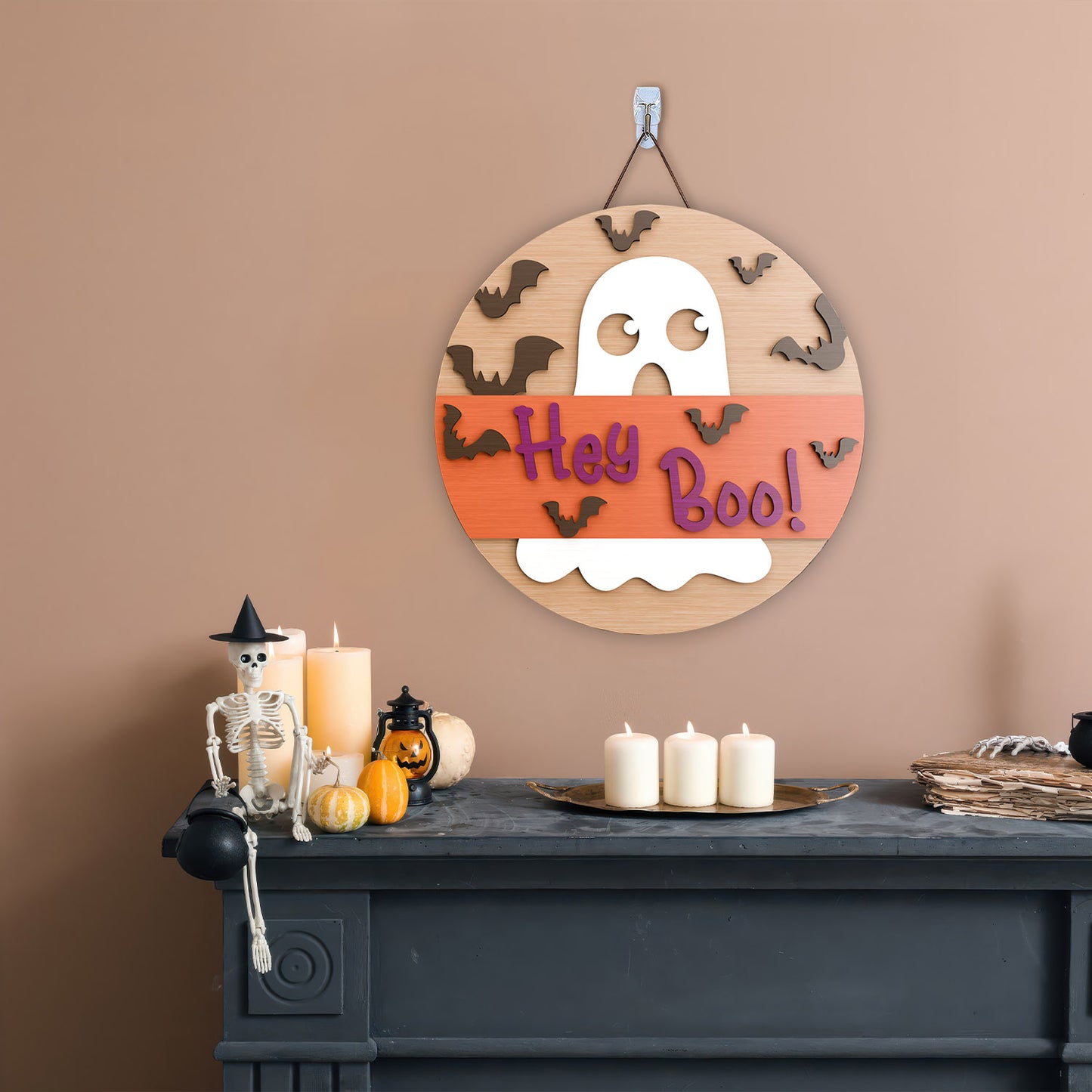 Hey Boo Door hanger, laser cut, Ghost door hanger Halloween door sign, Front door sign, Glowforge - WoodSign - Gift for Family - WS014