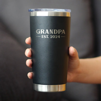 Insulated Coffee Tumbler Cup with Sliding Lid - Grandpa Est. 2024 - Bold - 20 oz - Etched Sayings, Father's Day Gift & Baby Reveal - Fat Tumbler - Gift for Family - FTL024