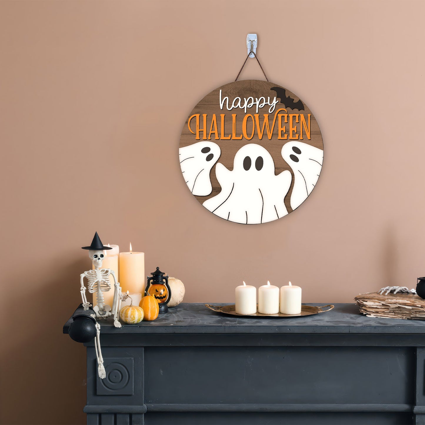 Happy Halloween Sign, Halloween Ghost Door Hanger, Ghost,Laser Cut, Halloween Round Door Sign, Glowforge Cricut - WoodSign - Gift for Family - WS010