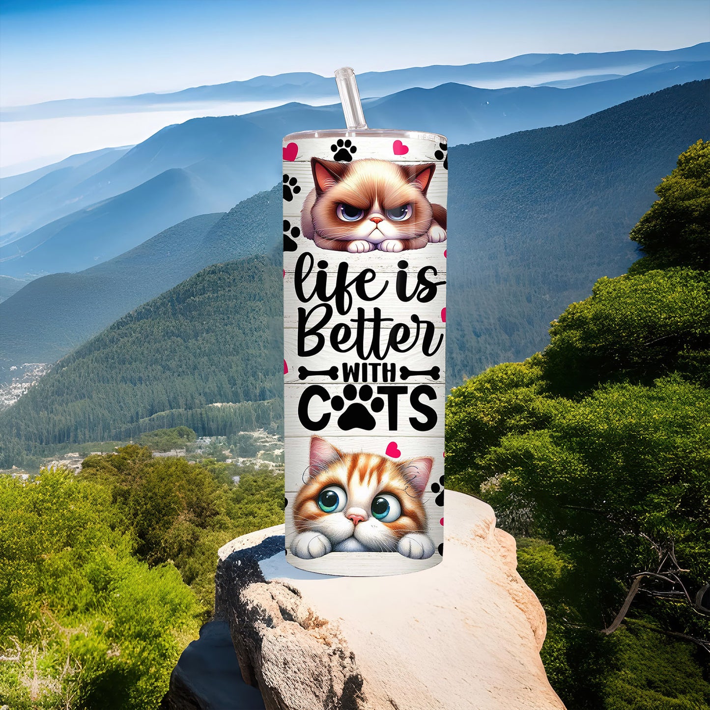 Life Is Better With Cats Tumbler, 20 oz Skinny Tumbler Sublimation Design, Cute Cat Tumbler - Tumbler - Gift for Family - TL020