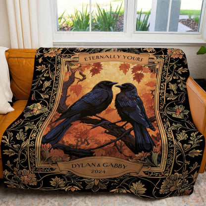 Dark Academia Raven Couple Tapestry Custom Names, Crowcore Aesthetic Woven Throw Custom Dating Anniversary 'Eternally Yours' Crow Lover - Blanket - Gift for Family - BL019