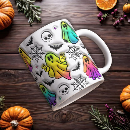 3D Colorful Halloween Ghosts Inflated Mug 11oz & 15oz, Puff Spooky Ghost Mug - Gift for Family - MG006