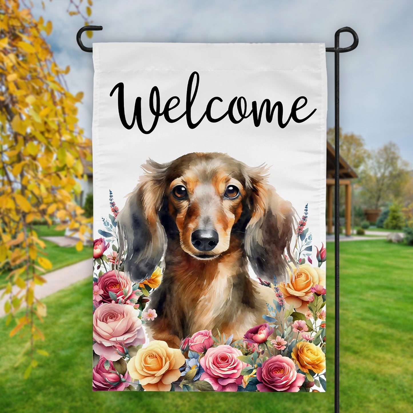 Floral Pitbull Dog Welcome Garden Flag, 12 x 18 , longcoat dachshund - Flag - Gift for Family - FG017