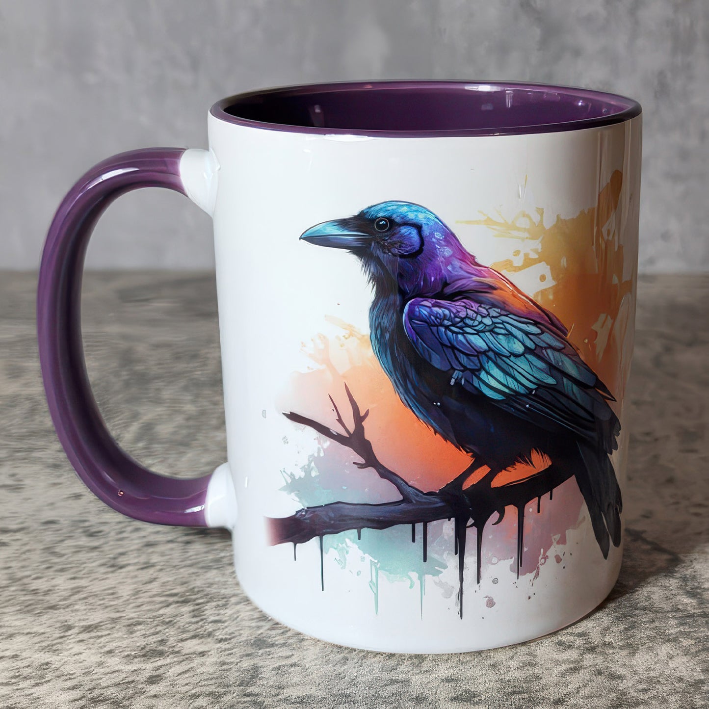 Watercolour Raven Gothic Print Ceramic Mug with Purple Handle - Gift for Family - MG004