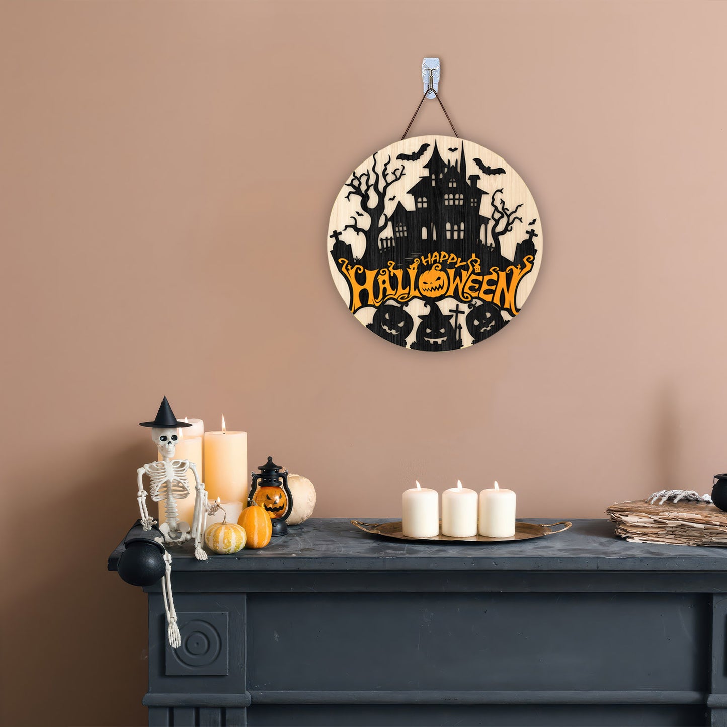 Happy Halloween Round Door Sign, Halloween Door Hanger, Haunted House, Halloween Decor, Laser Cut Glowforge - WoodSign - Gift for Family - WS007