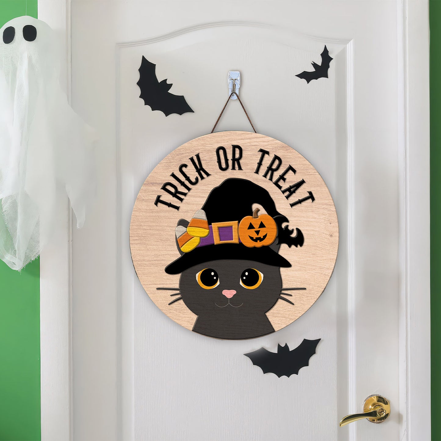 Halloween Door hanger laser cut Cat door hanger Halloween door sign Front door sign Glowforge - WoodSign - Gift for Family - WS012