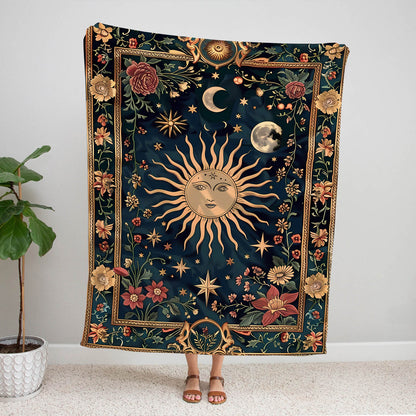 Celestial Sun and Moon Blanket, Whimsical Starry Night Floral Tapestry, Cosmic Decor, Ethereal Boho Throw, Mystical Sunflower Botanical Art - Blanket - Gift for Family - BL010