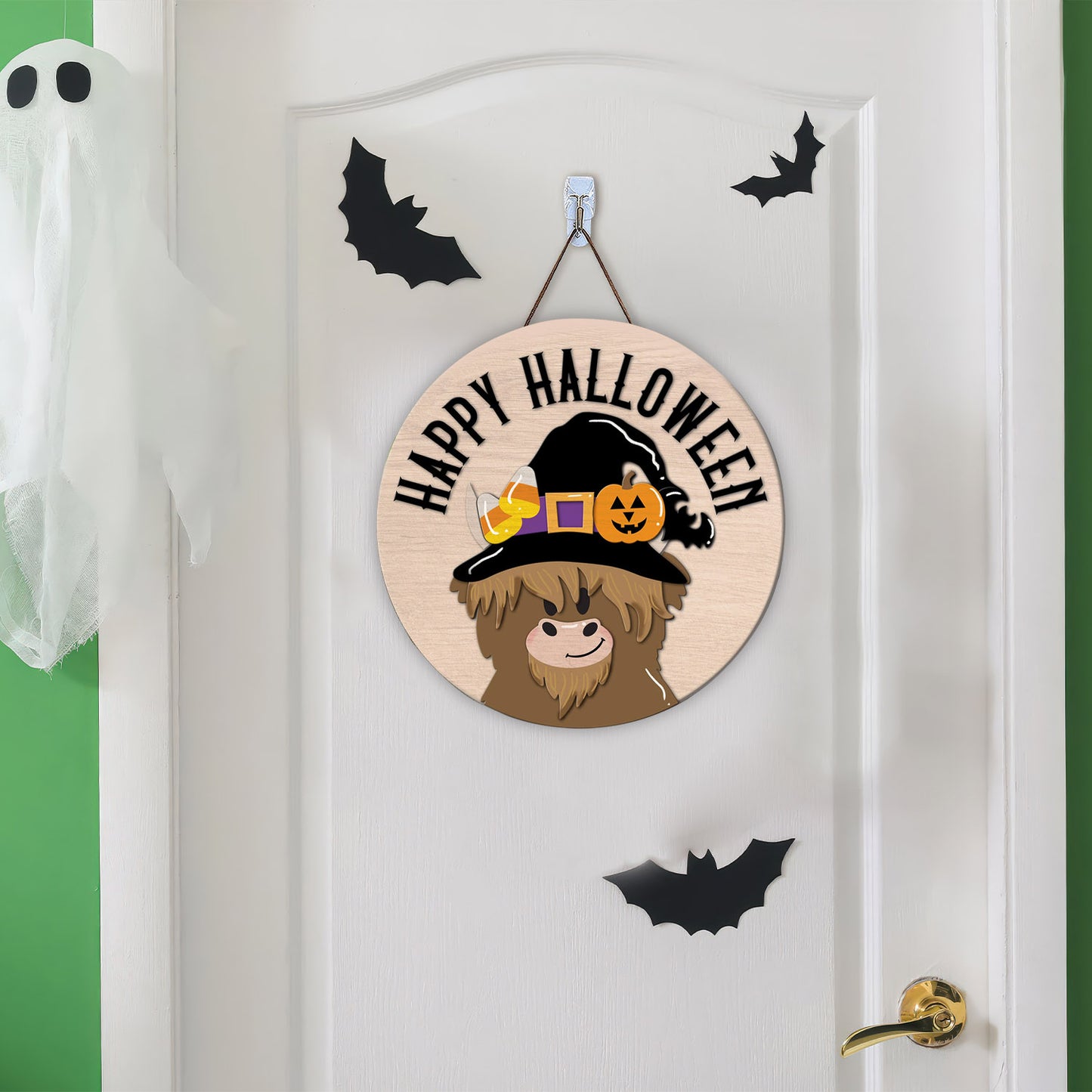 Halloween Door hanger laser cut Highland cow door hanger Halloween door sign Front door sign Glowforge - WoodSign - Gift for Family - WS011