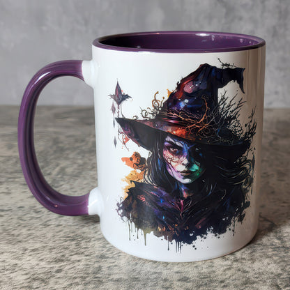 Pentagram & Forest Witch Gothic Print Ceramic Mug with Purple Handle - Gift for Family - MG005