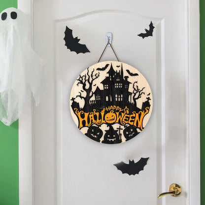 Happy Halloween Round Door Sign, Halloween Door Hanger, Haunted House, Halloween Decor, Laser Cut Glowforge - WoodSign - Gift for Family - WS007