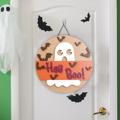 Hey Boo Door hanger, laser cut, Ghost door hanger Halloween door sign, Front door sign, Glowforge - WoodSign - Gift for Family - WS014