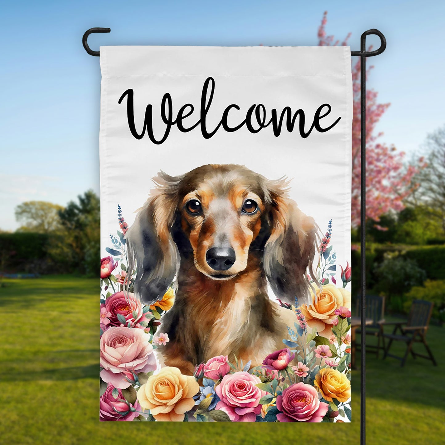 Floral Pitbull Dog Welcome Garden Flag, 12 x 18 , longcoat dachshund - Flag - Gift for Family - FG017