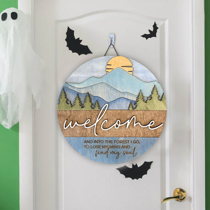 Mountain Welcome Sign Door Hanger Cabin Decor Forest Door Sign Laser , Pine Tree Porch Sign - WoodSign - Gift for Family - WS029