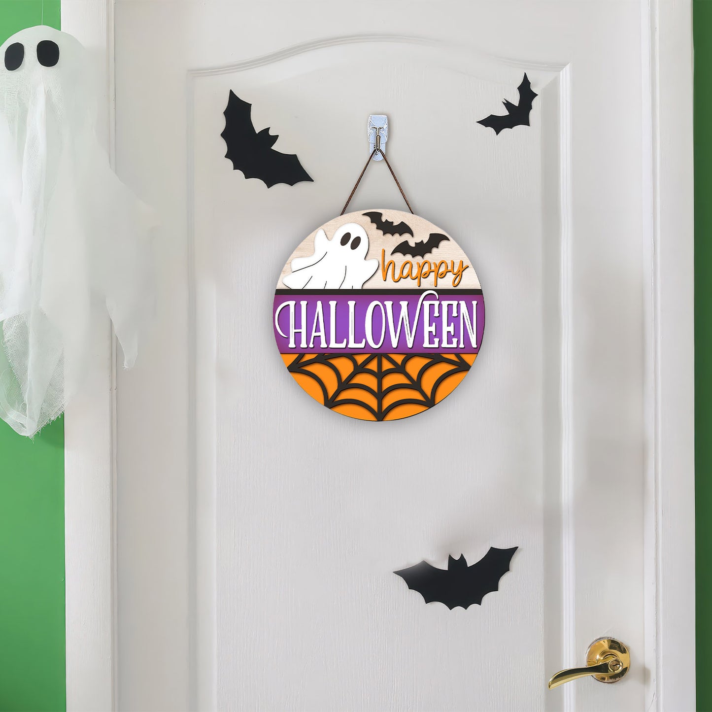 Ghost Happy Halloween Sign, Halloween Door Hanger, Ghost, Laser Cut, Halloween Door Sign, Glowforge Cricut - WoodSign - Gift for Family - WS006