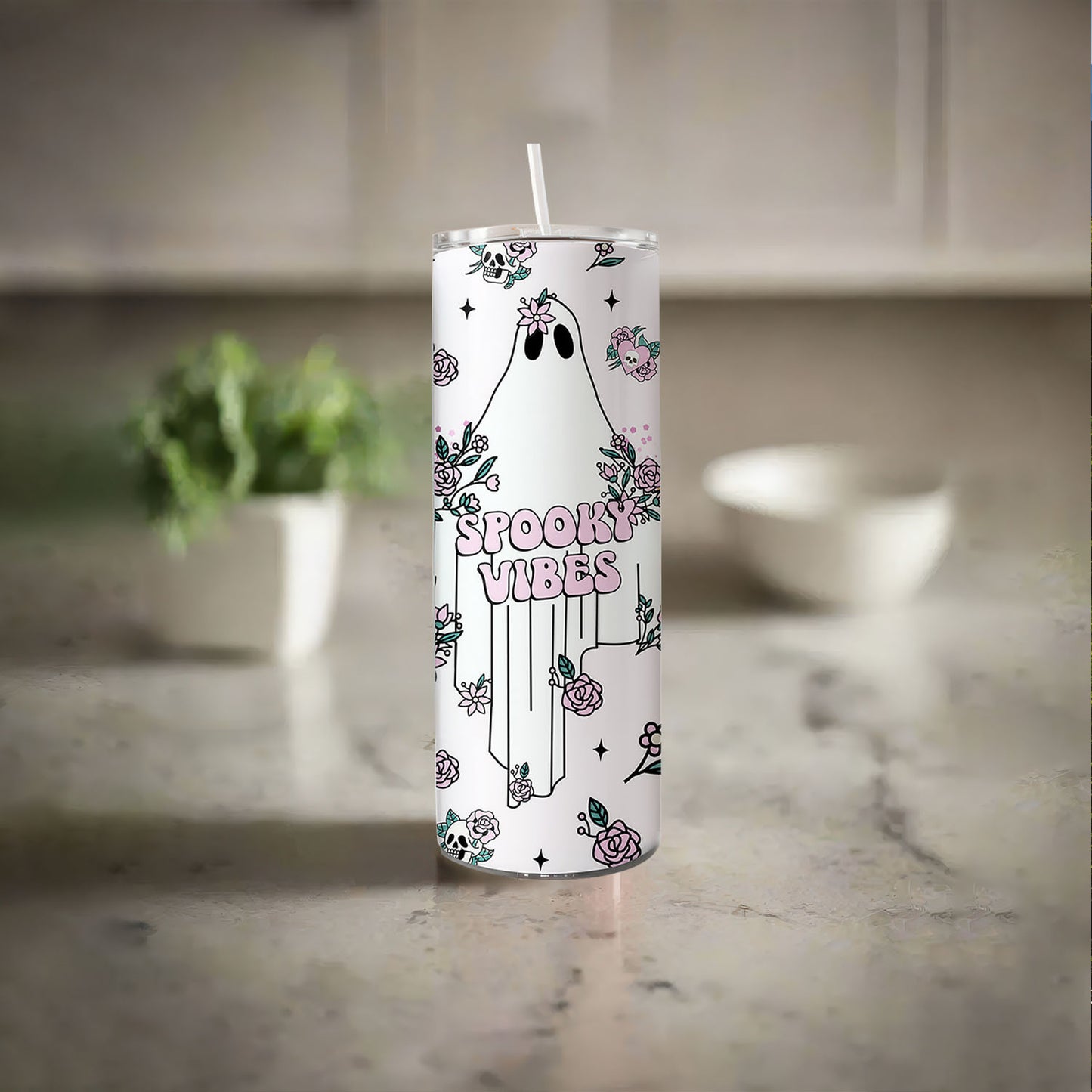 Retro Halloween Tumbler, 20oz Skinny Tumbler ,Floral Ghost Tumbler ,Spooky Season Tumbler, Pastel Halloween - Tumbler - Gift for Family - TL003