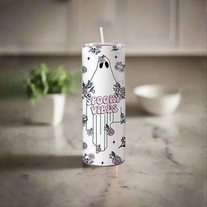 Retro Halloween Tumbler, 20oz Skinny Tumbler ,Floral Ghost Tumbler ,Spooky Season Tumbler, Pastel Halloween - Tumbler - Gift for Family - TL003