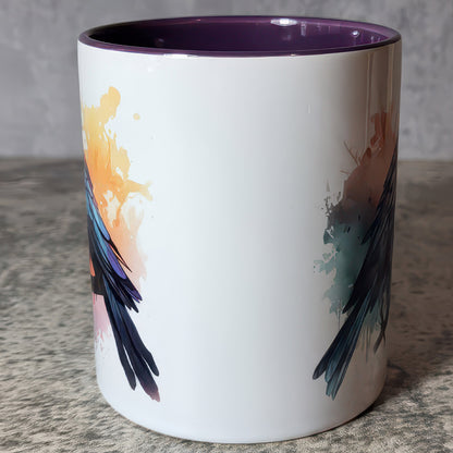 Watercolour Raven Gothic Print Ceramic Mug with Purple Handle - Gift for Family - MG004