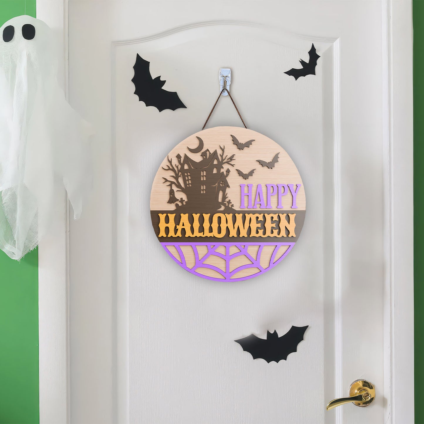 Happy Halloween Door hanger laser cut Ghost door hanger Halloween door sign Front door sign Glowforge - WoodSign - Gift for Family - WS008