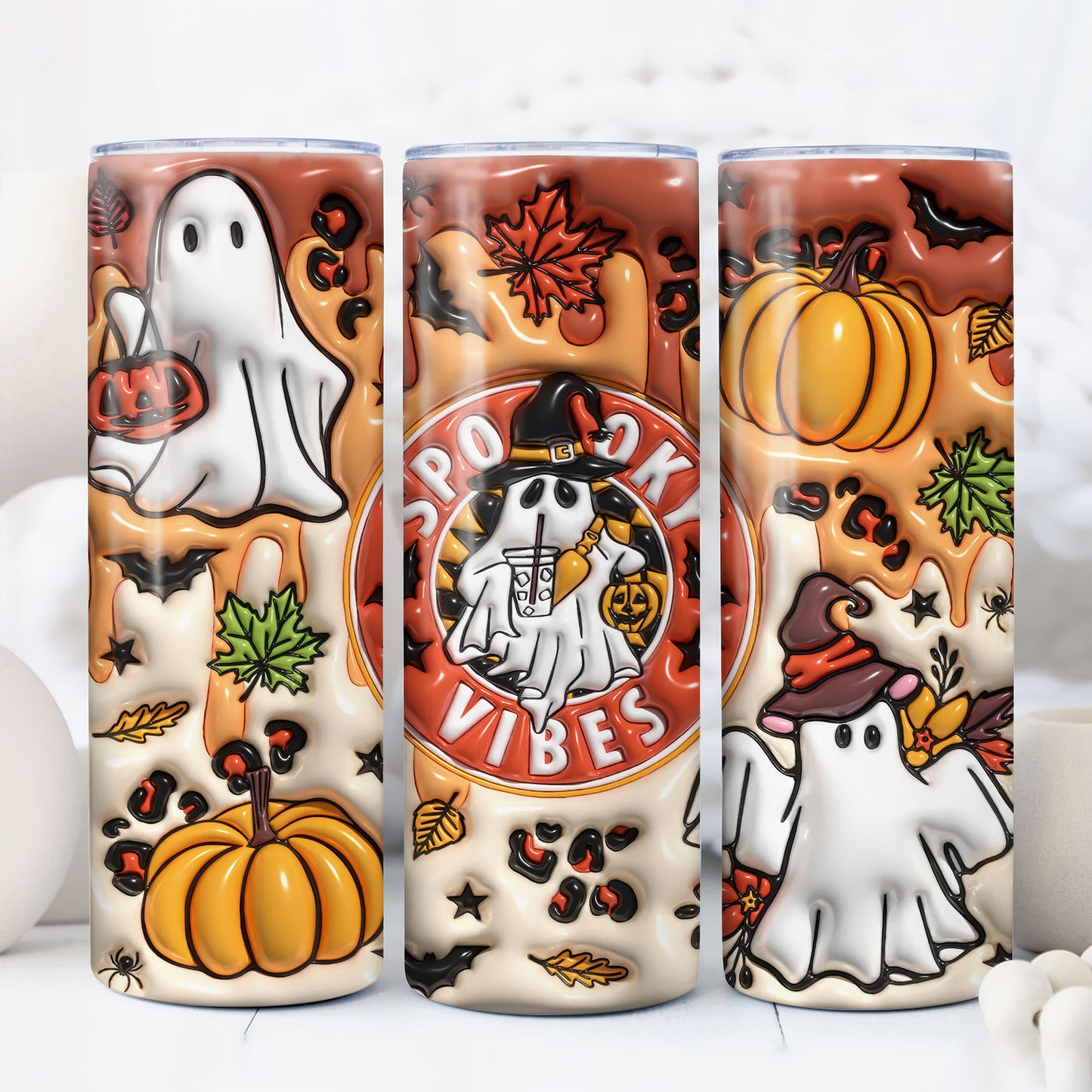 3D Orange Spooky Vibes Inflated Tumbler, Puff Halloween Ghost, 20oz Tumbler - Gift for Family - TL011