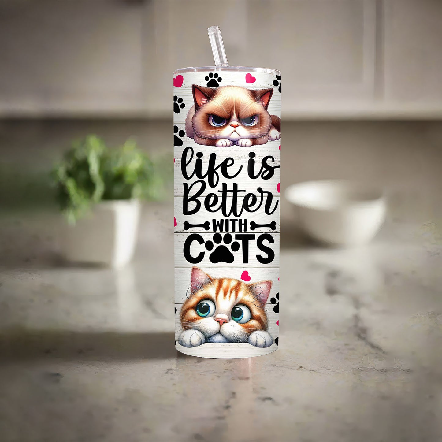 Life Is Better With Cats Tumbler, 20 oz Skinny Tumbler Sublimation Design, Cute Cat Tumbler - Tumbler - Gift for Family - TL020