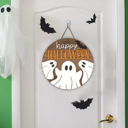 Happy Halloween Sign, Halloween Ghost Door Hanger, Ghost,Laser Cut, Halloween Round Door Sign, Glowforge Cricut - WoodSign - Gift for Family - WS010