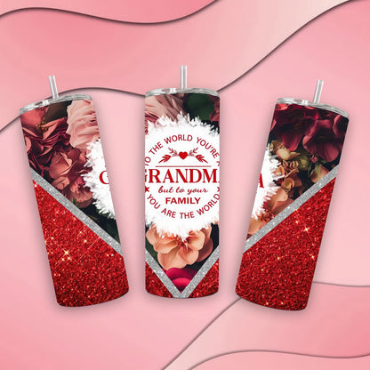 Grandmother vibrant rainbow floral Sublimation, 20oz Skinny Tumbler, Red Glitter, Grandmother 2024 Granny Tumbler - Tumbler - Gift for Family - TL025