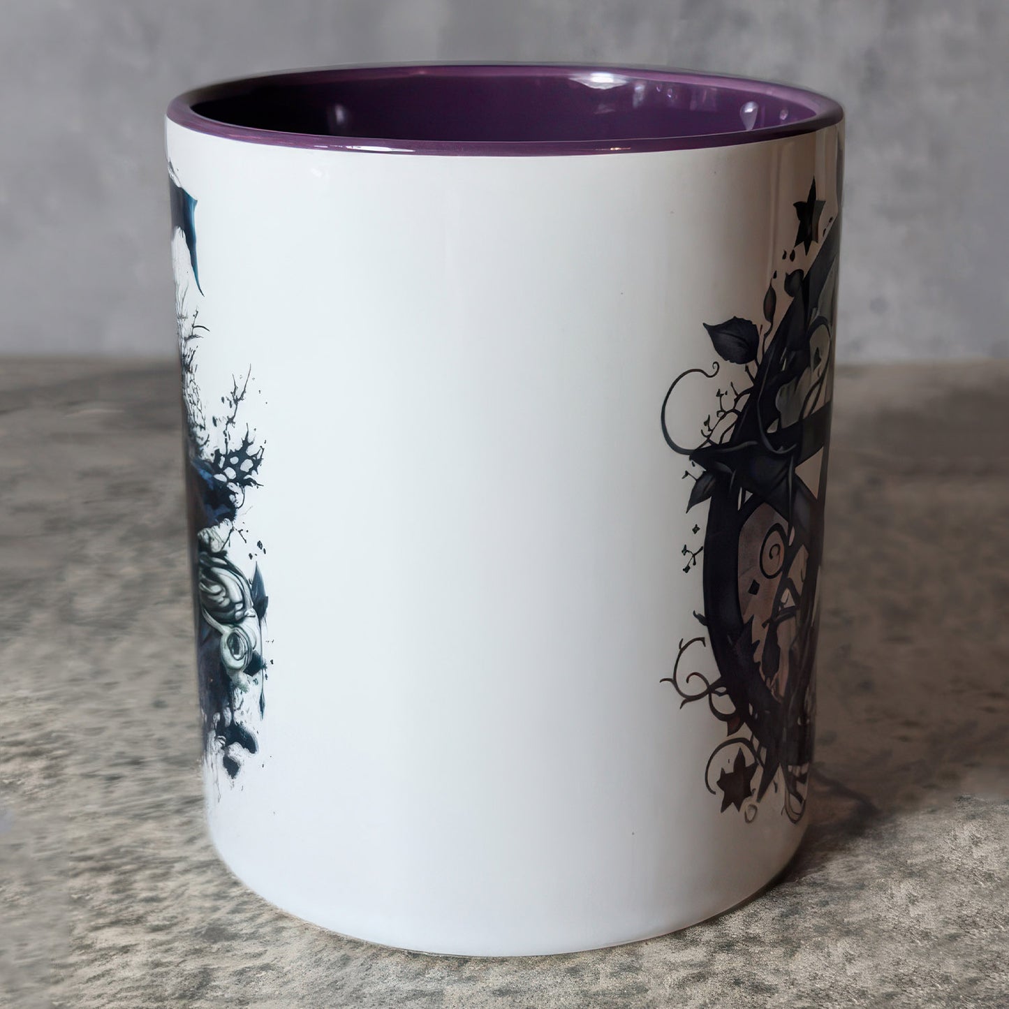 Pentagram & Forest Witch Gothic Print Ceramic Mug with Purple Handle - Gift for Family - MG005