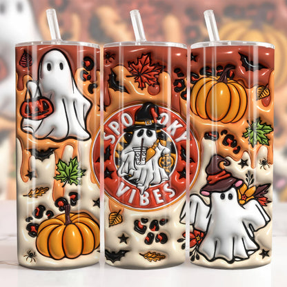 3D Orange Spooky Vibes Inflated Tumbler, Puff Halloween Ghost, 20oz Tumbler - Gift for Family - TL011