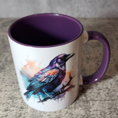 Watercolour Raven Gothic Print Ceramic Mug with Purple Handle - Gift for Family - MG004