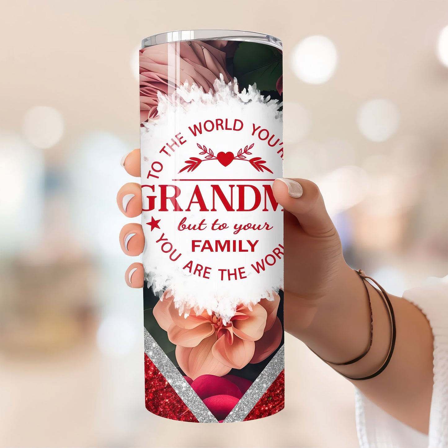 Grandmother vibrant rainbow floral Sublimation, 20oz Skinny Tumbler, Red Glitter, Grandmother 2024 Granny Tumbler - Tumbler - Gift for Family - TL025