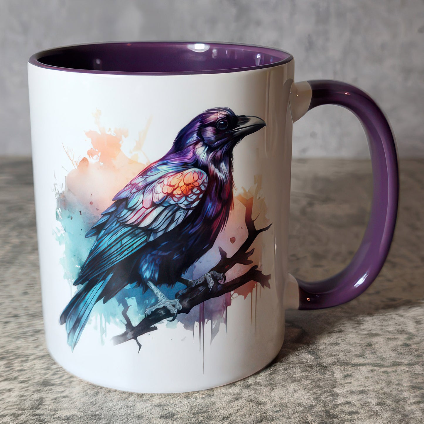 Watercolour Raven Gothic Print Ceramic Mug with Purple Handle - Gift for Family - MG004