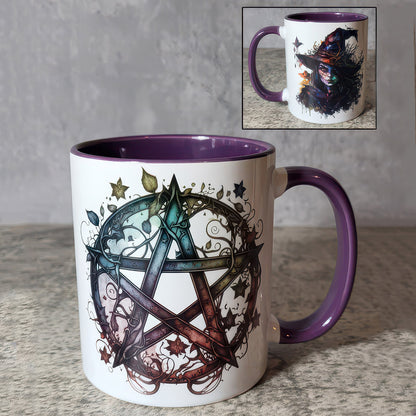 Pentagram & Forest Witch Gothic Print Ceramic Mug with Purple Handle - Gift for Family - MG005